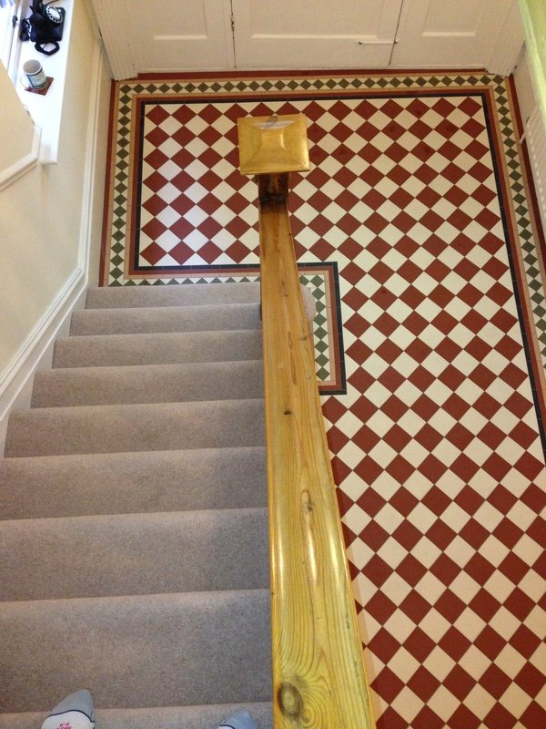Photo from above showing victorian floor tiling in a hallway in Caversham, Berkshire, after work has been completed by David Larsen of Victorian Floor Tiles Ltd